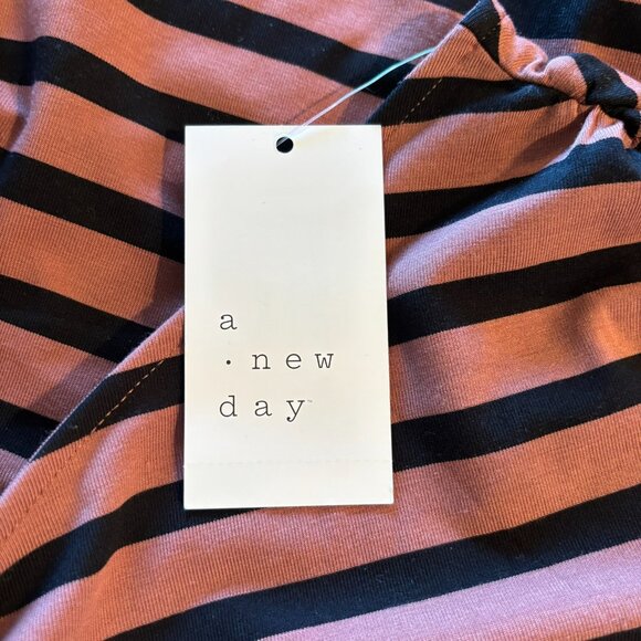 NWT A New Day One Shoulder Shirt Side Ruching Brown Black Stripe M Medium - Picture 3 of 6